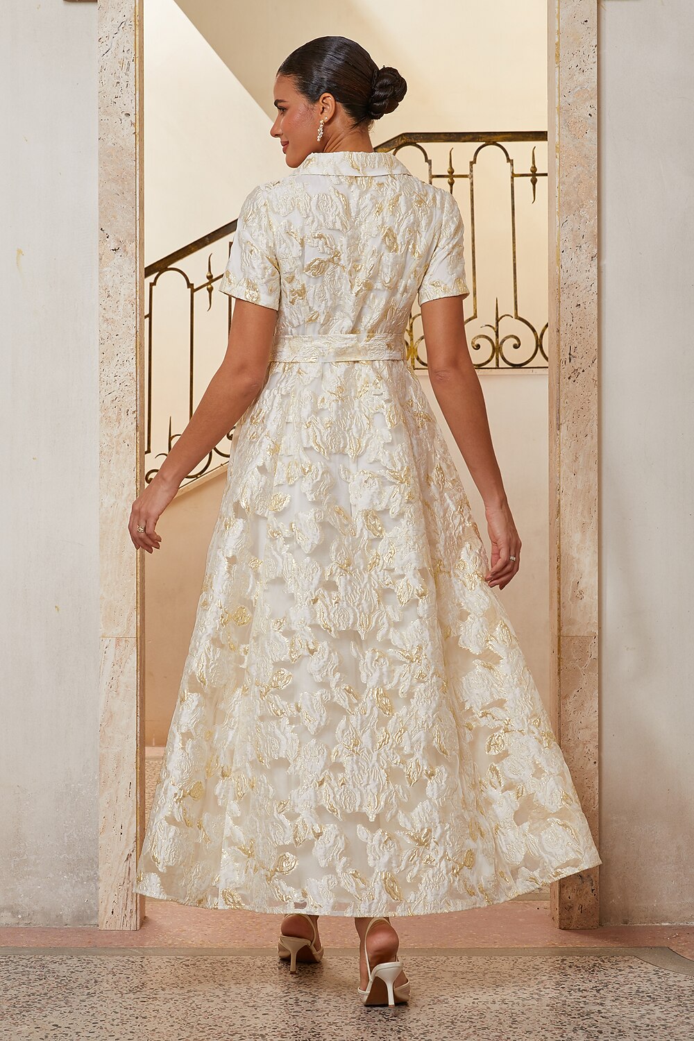 Floral Jacquard Belted Gown