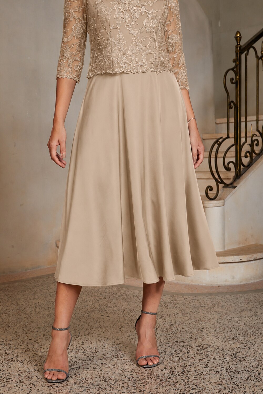 Champagne Lace Embroidered Midi Dress