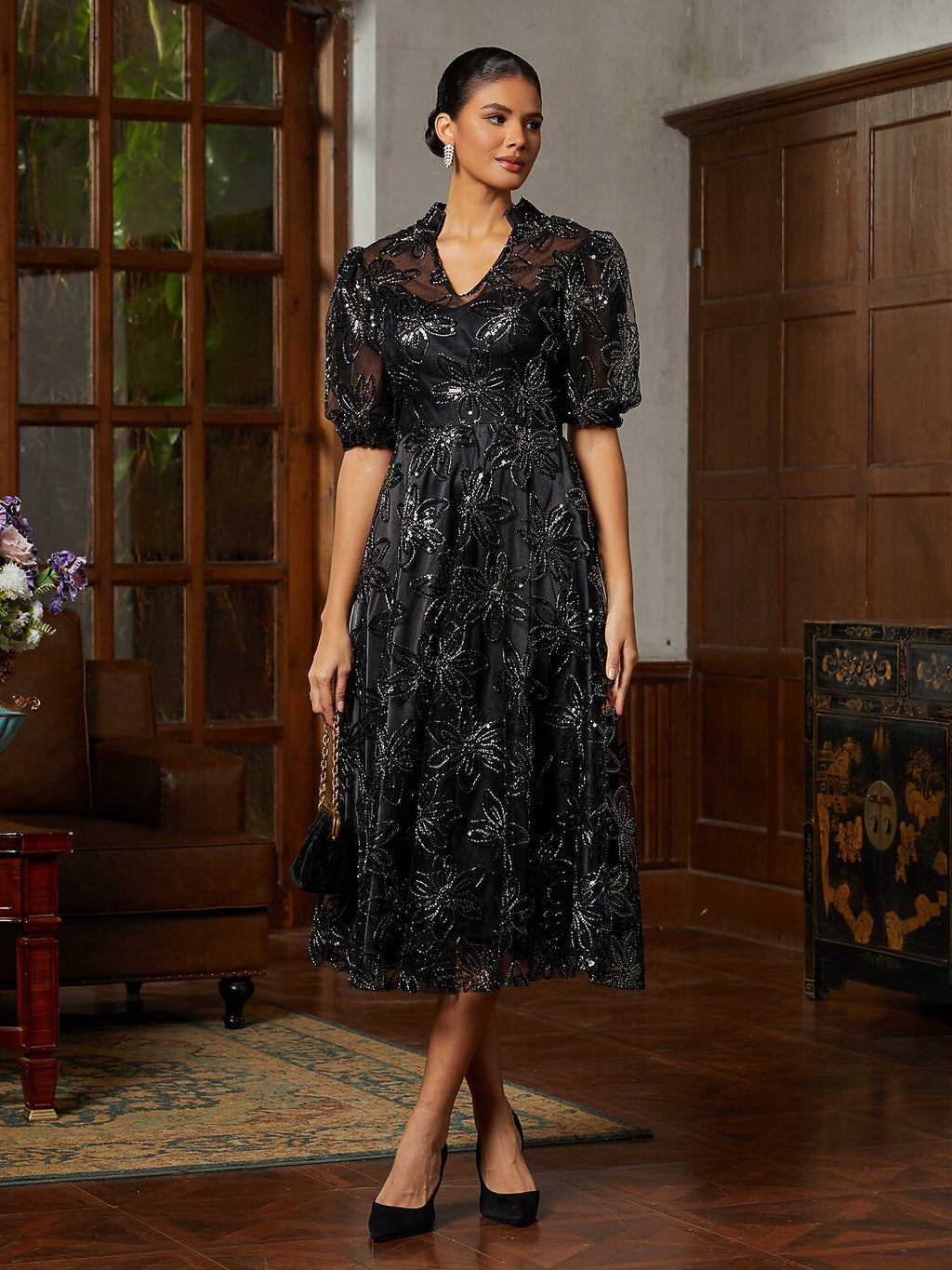 Black Tulle Illusion-Sleeve Midi Dress