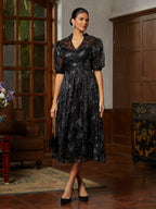Black Tulle Illusion-Sleeve Midi Dress