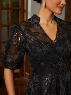 Black Tulle Illusion-Sleeve Midi Dress