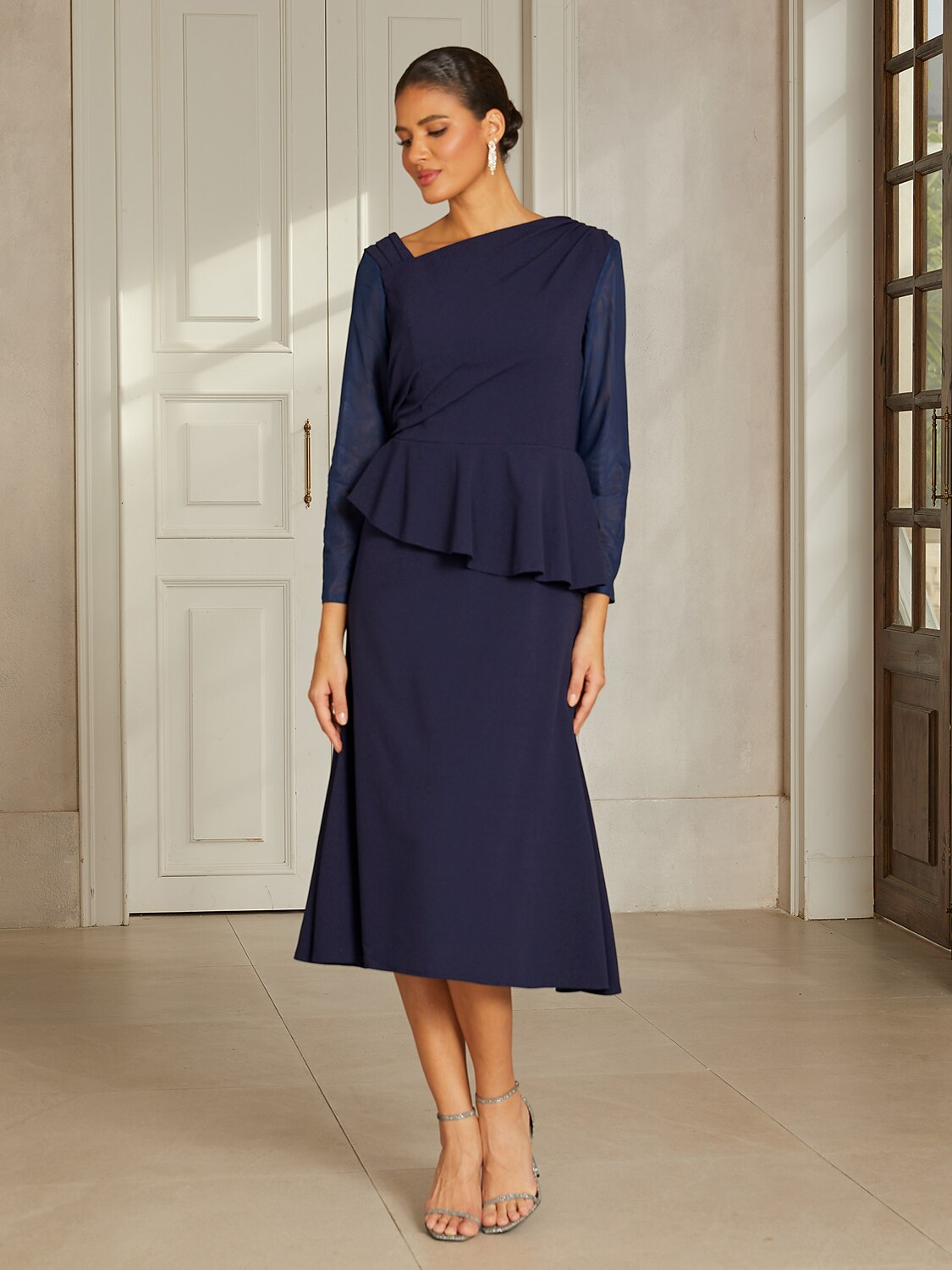 Navy Ruffle Mesh Midi Dress