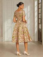 Pink Floral Jacquard Pleated Midi Dress