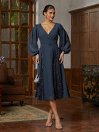 Navy Chiffon Illusion-Sleeve Midi Dress