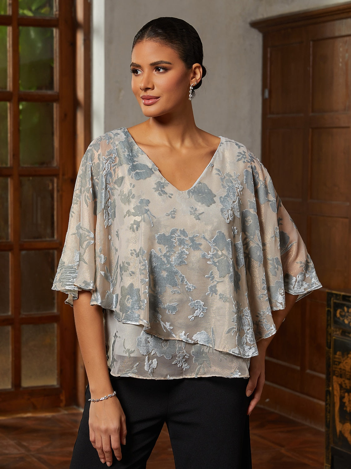 Smoky Blue Burnout Lace Ruffle Blouse