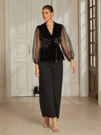 Black Velvet Lantern-Sleeve Blouse