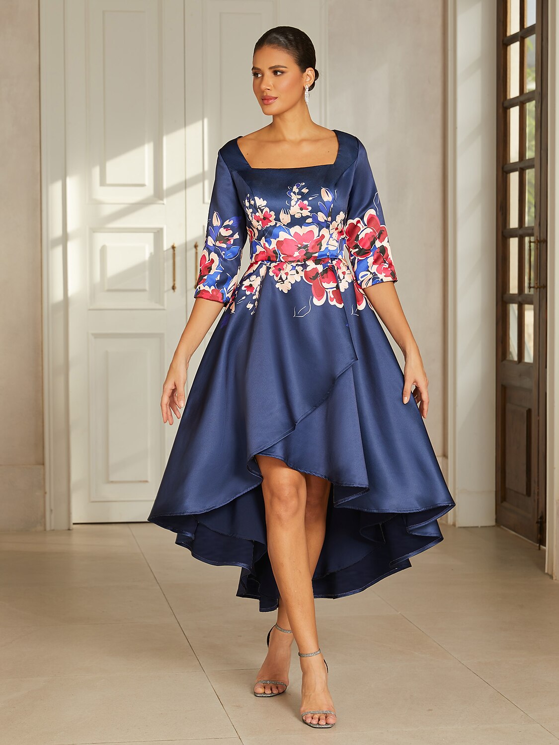 Slate Blue Floral Satin High-Low Dress