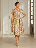 Pink Floral Jacquard Pleated Midi Dress