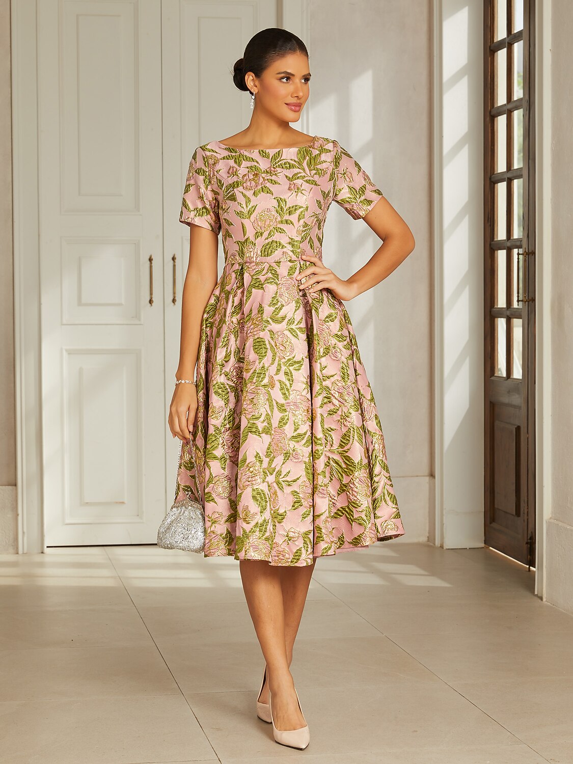 Pink Floral Jacquard Pleated Midi Dress