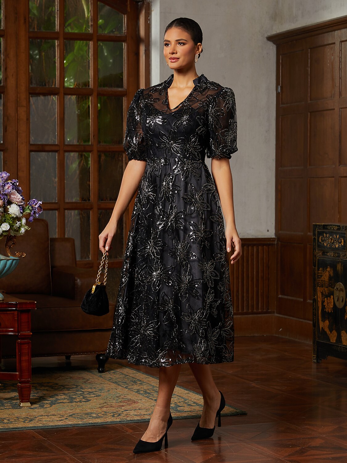 Black Tulle Illusion-Sleeve Midi Dress