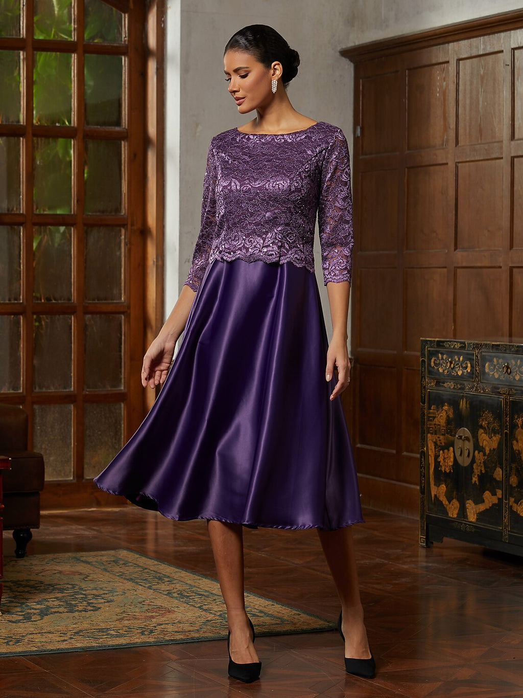 Purple Lace A-Line Midi Dress