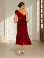Burgundy One-Shoulder Velvet Dress