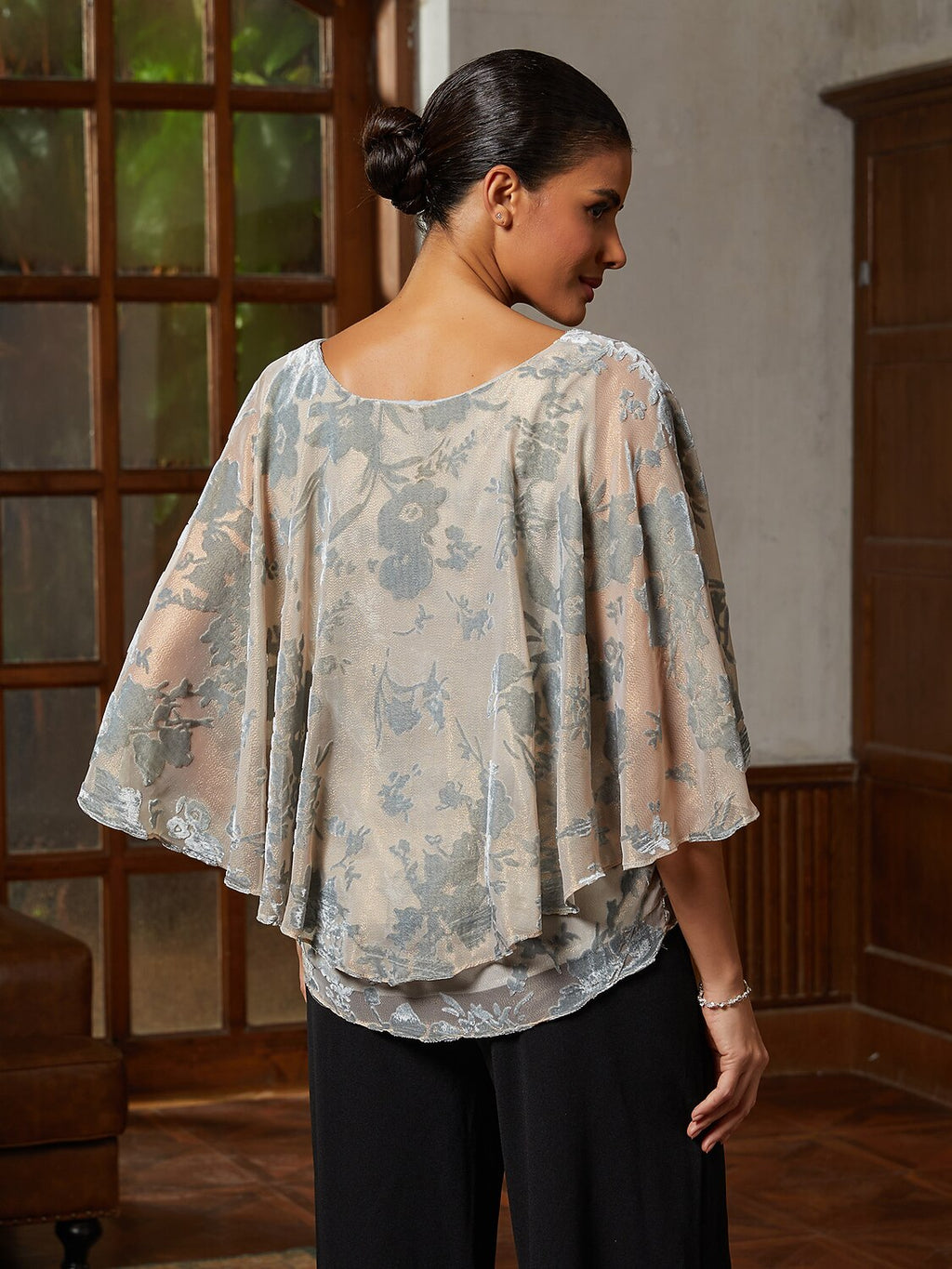 Smoky Blue Burnout Lace Ruffle Blouse