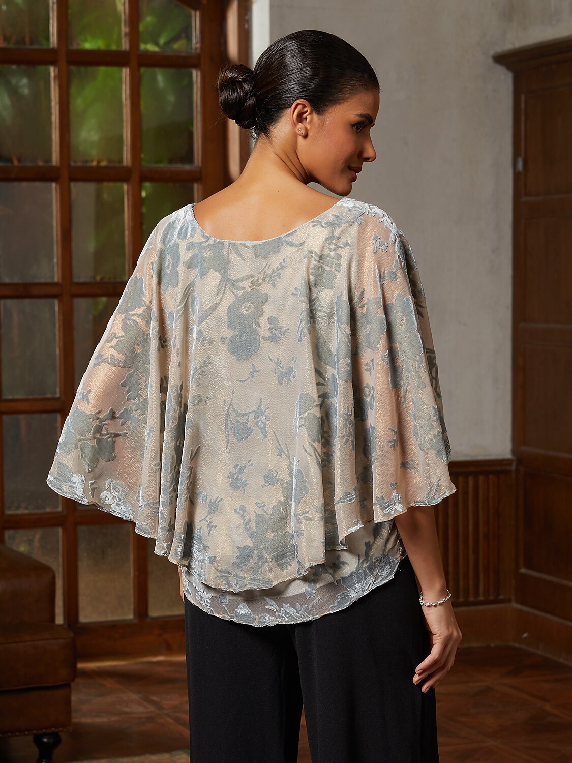 Smoky Blue Burnout Lace Ruffle Blouse