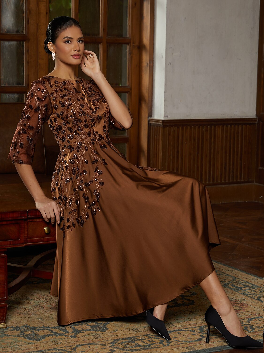 Brown Sequin Satin Midi Dress