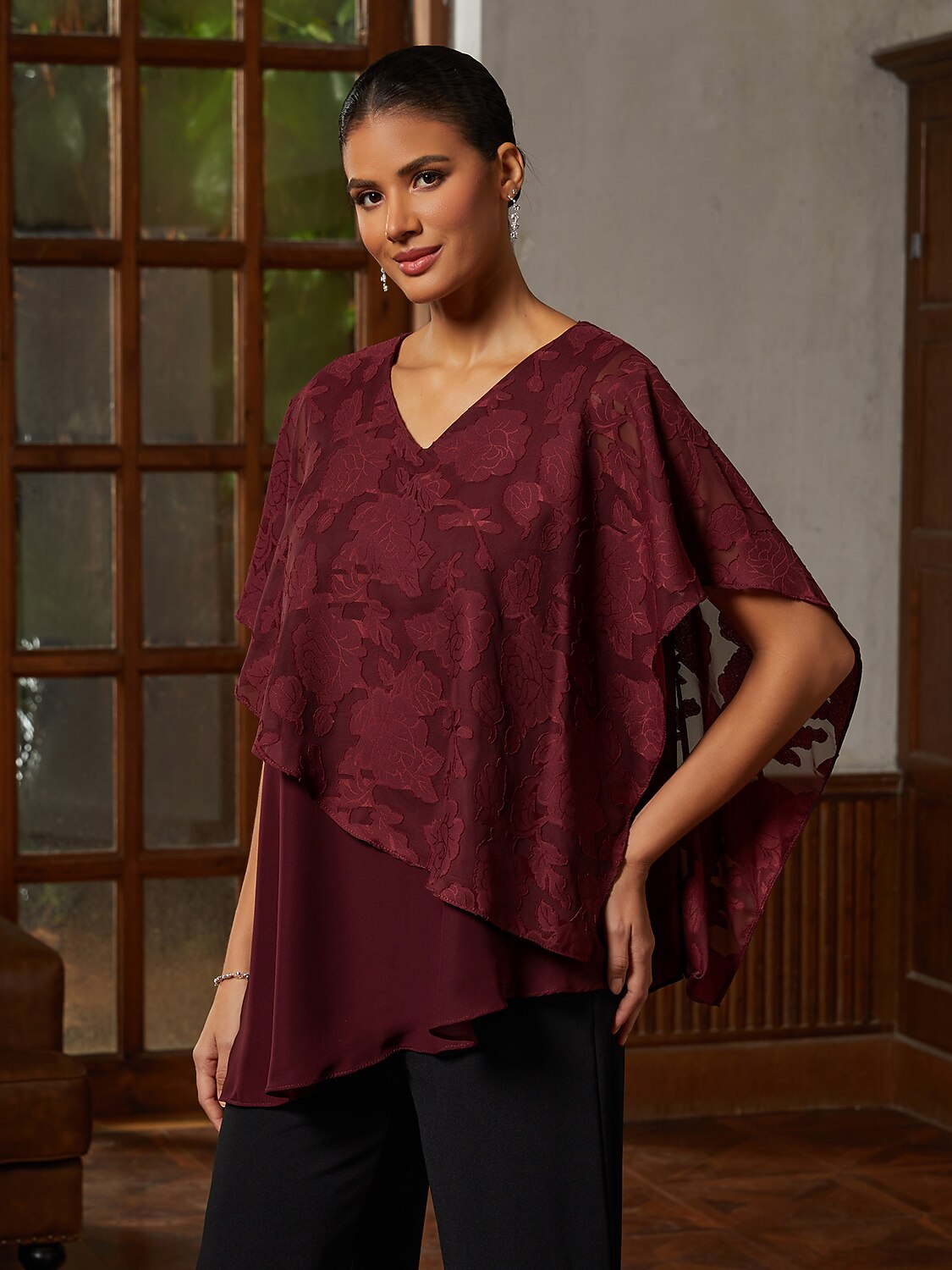 Burgundy Ruffle Chiffon Asymmetrical Blouse