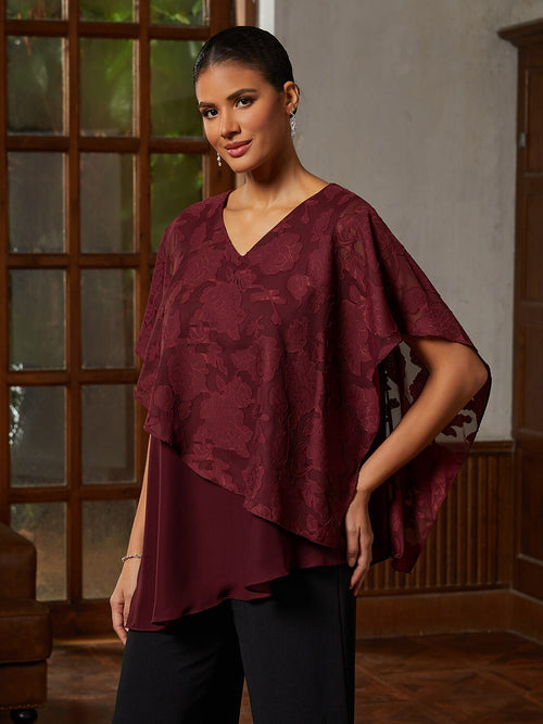 Burgundy Ruffle Chiffon Asymmetrical Blouse