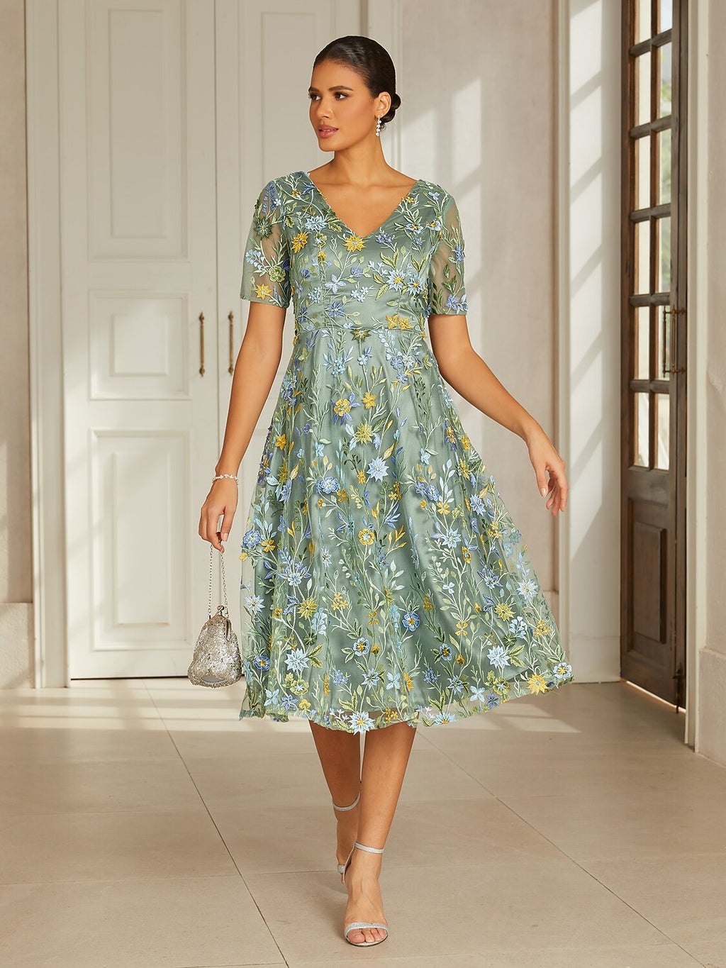 Dusty Sage Lace Applique Tea-Length Dress