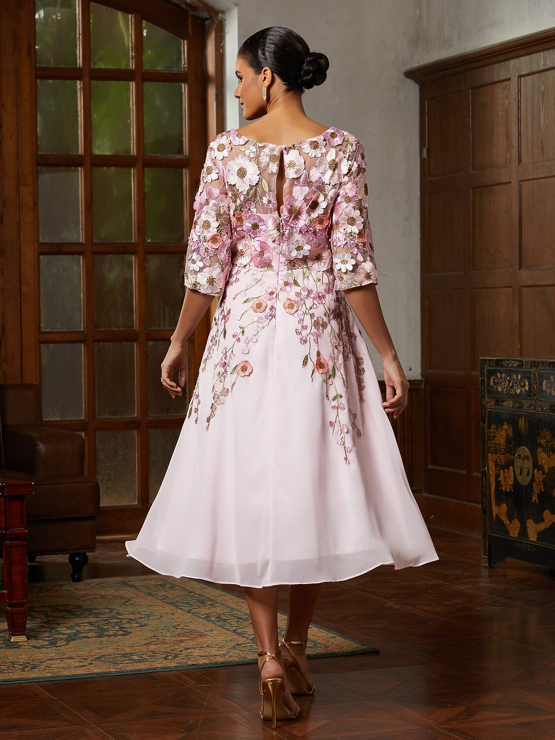 Pink Floral Appliqué Tulle Dress