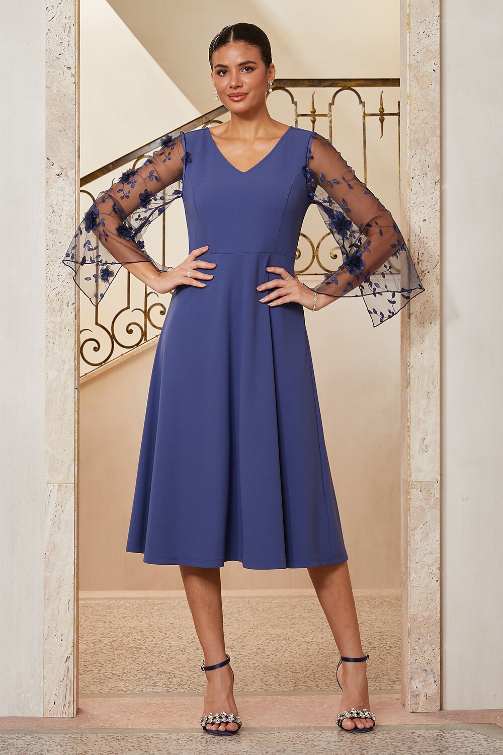 3D Floral Tulle Midi Dress