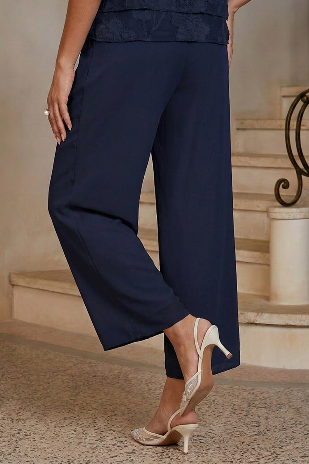 Navy Chiffon Straight-Leg Trousers