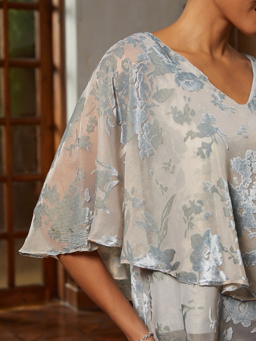 Smoky Blue Burnout Lace Ruffle Blouse