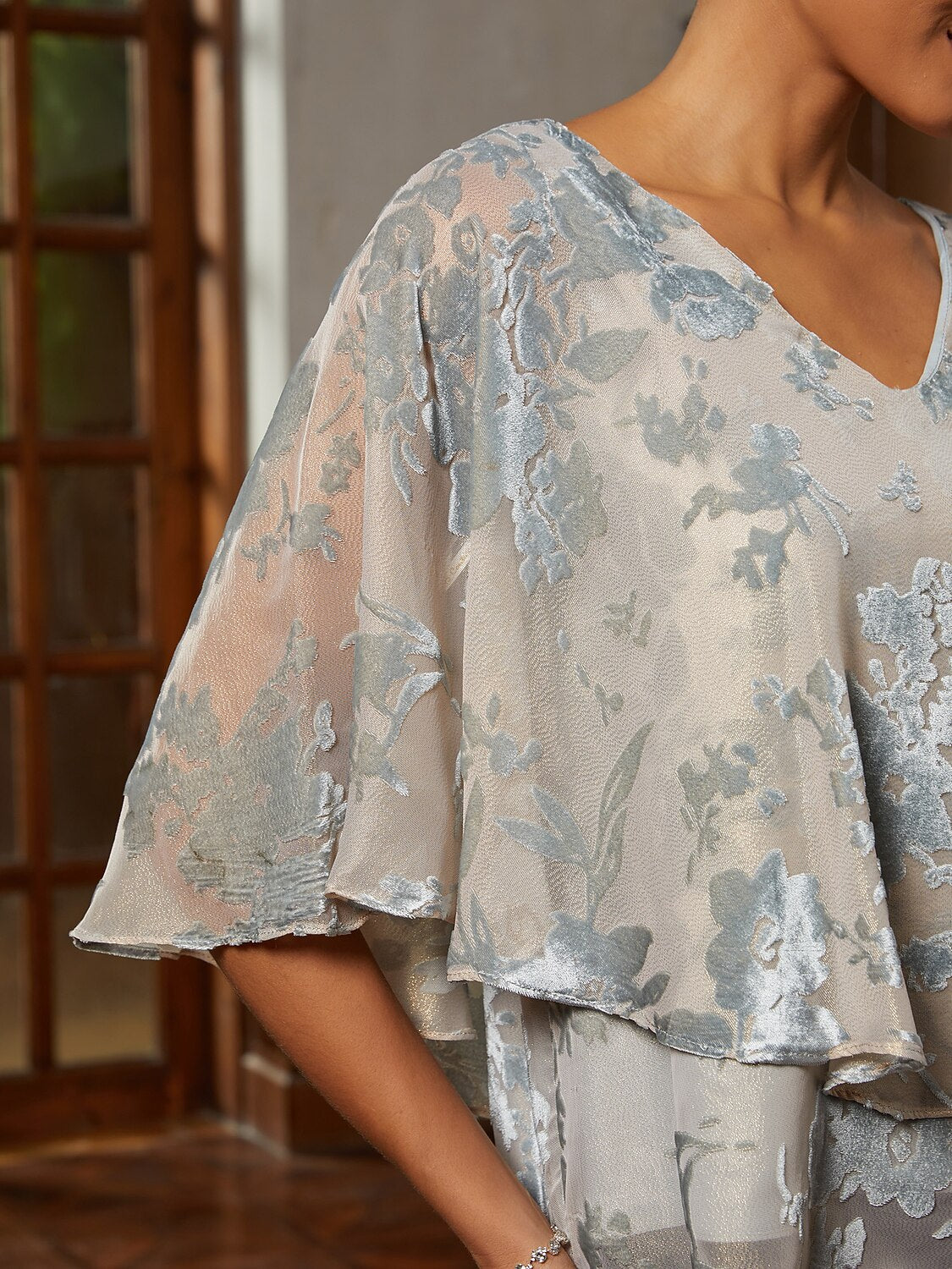 Smoky Blue Burnout Lace Ruffle Blouse