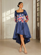 Slate Blue Floral Satin High-Low Dress
