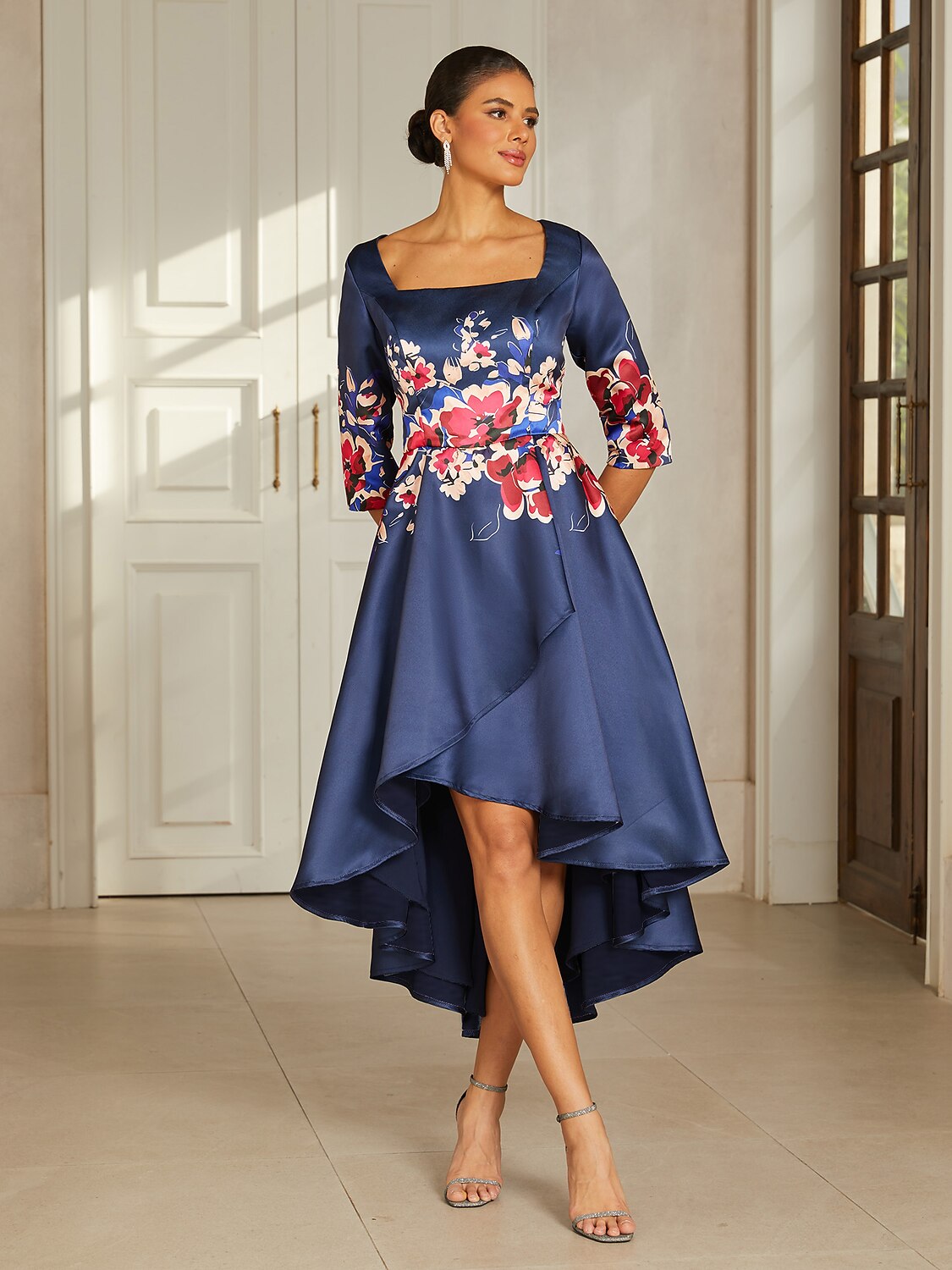 Slate Blue Floral Satin High-Low Dress