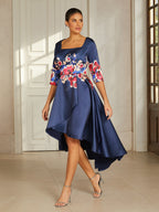 Slate Blue Floral Satin High-Low Dress