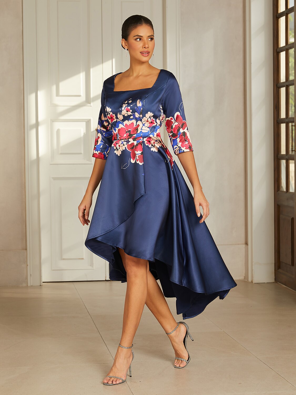 Slate Blue Floral Satin High-Low Dress