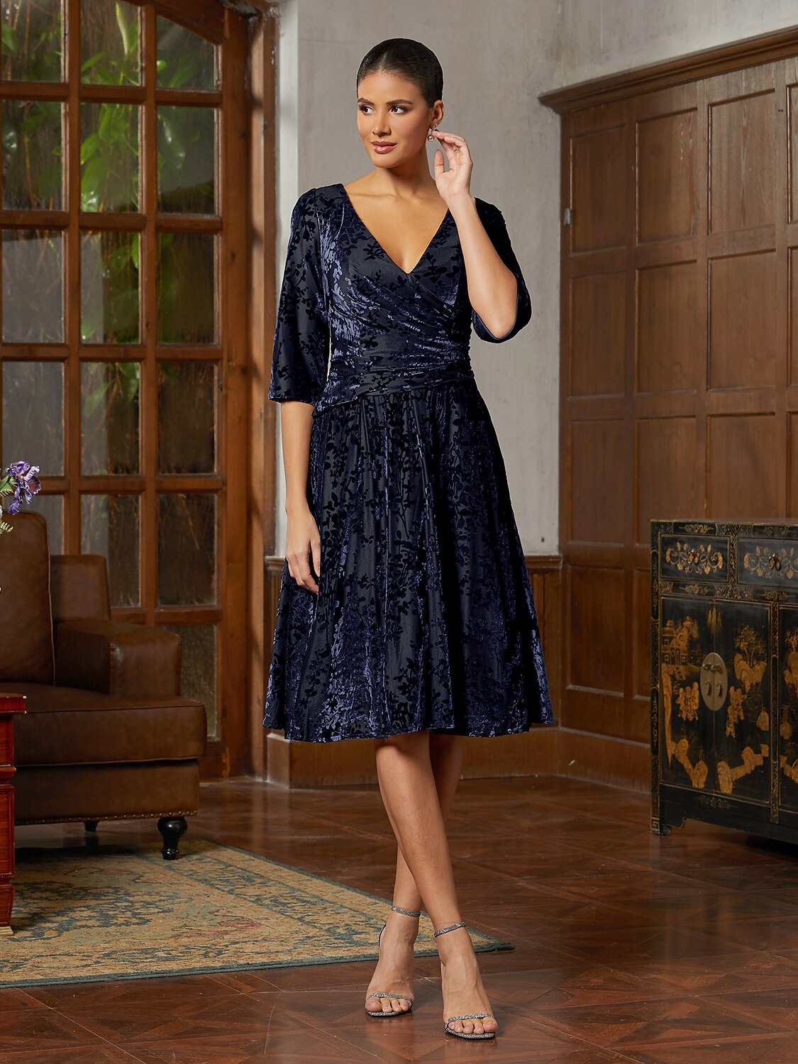 Navy Velvet A-Line Midi Dress