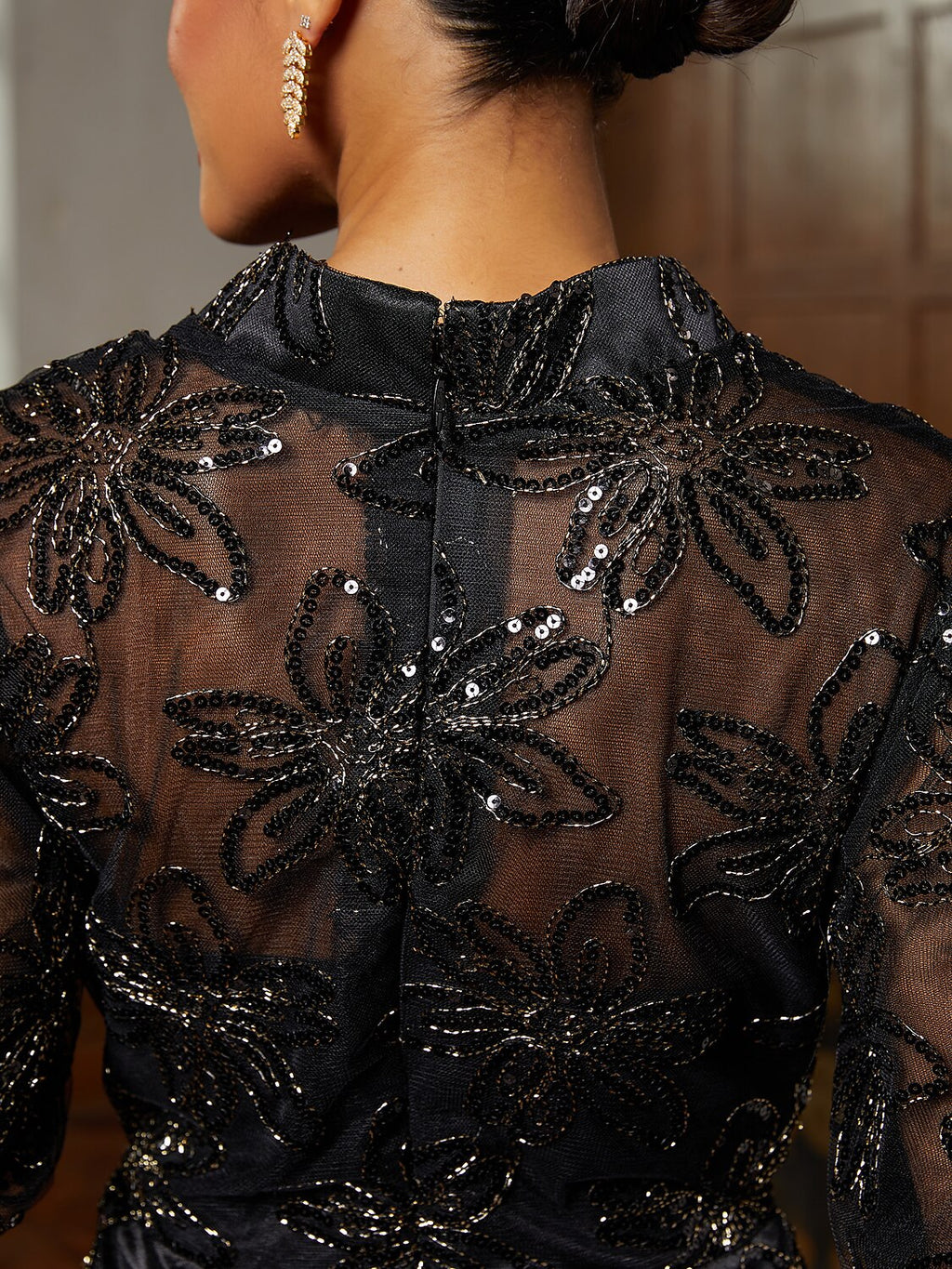 Black Tulle Illusion-Sleeve Midi Dress