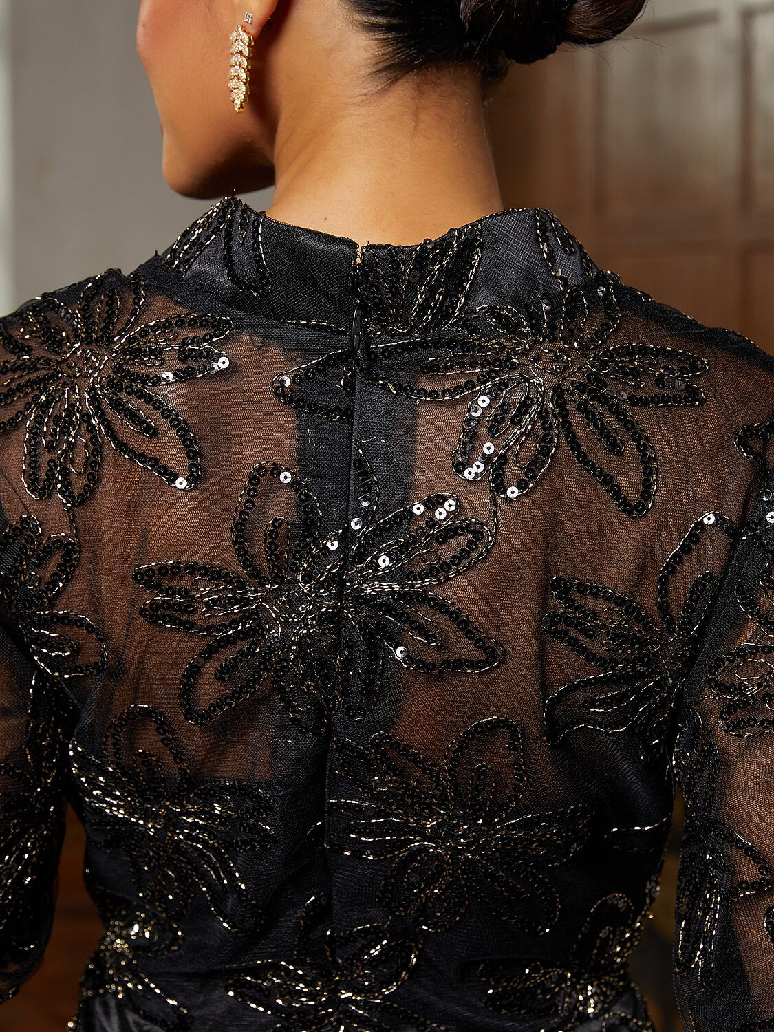 Black Tulle Illusion-Sleeve Midi Dress