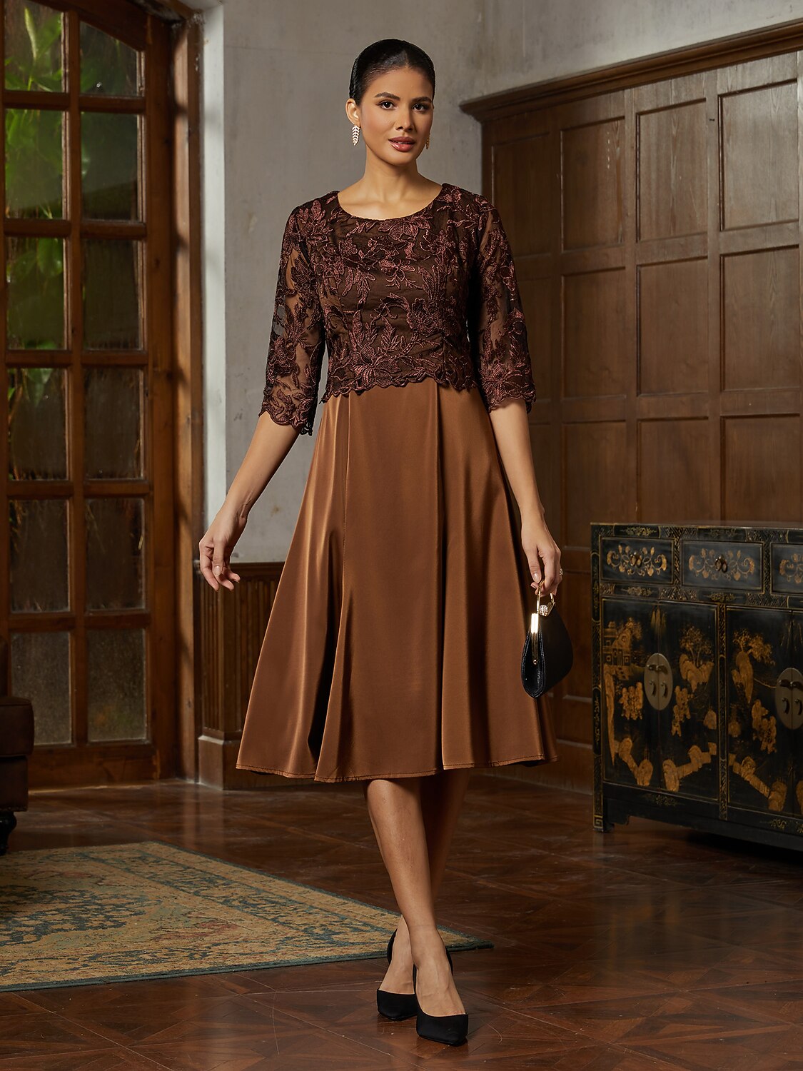 Brown Lace Trumpet Midi Dress