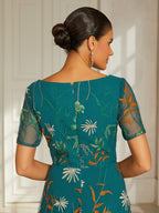 Green Black Floral Embroidered Tea-Length Dress