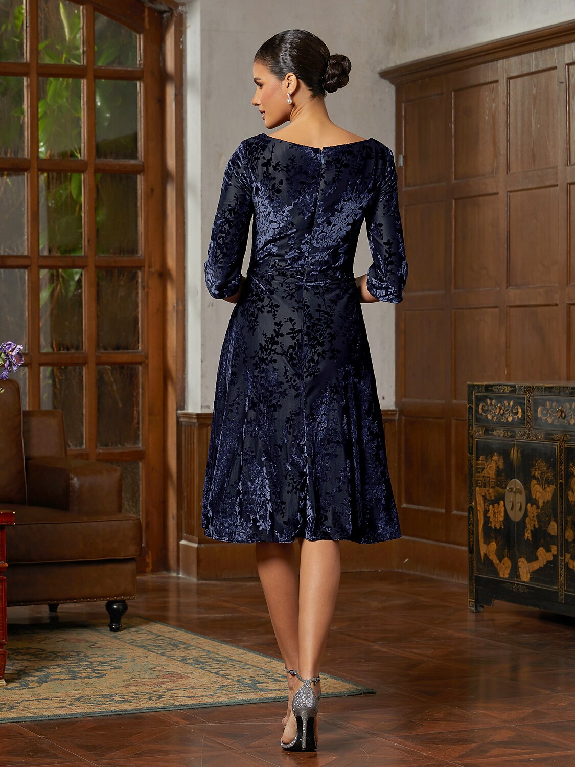 Navy Velvet A-Line Midi Dress