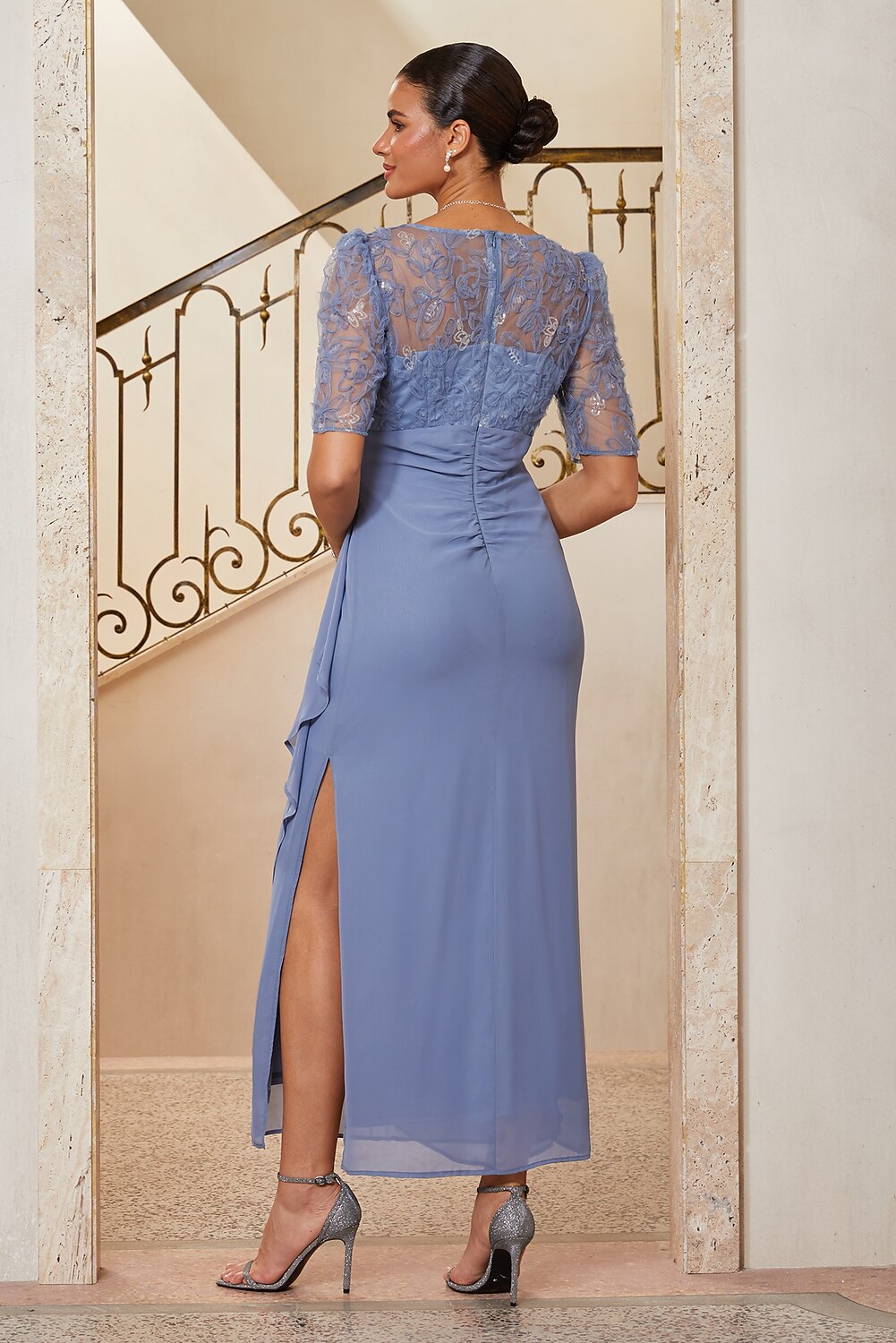 Floral Appliqué Chiffon Slit Gown