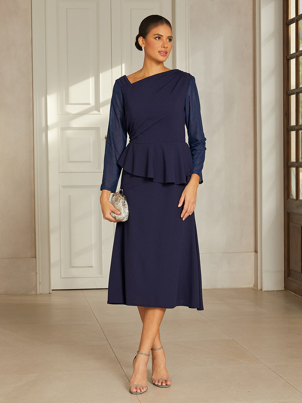 Navy Ruffle Mesh Midi Dress
