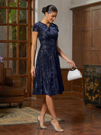 Navy Pleated Velvet Midi Dress