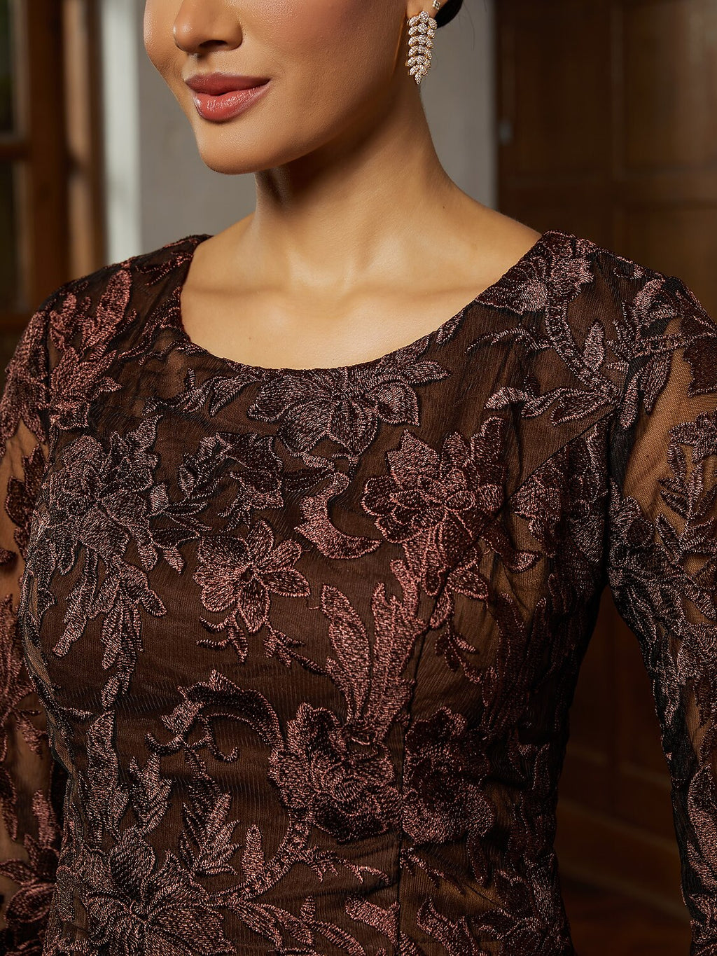 Brown Lace Trumpet Midi Dress