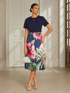Navy Satin Column Midi Dress
