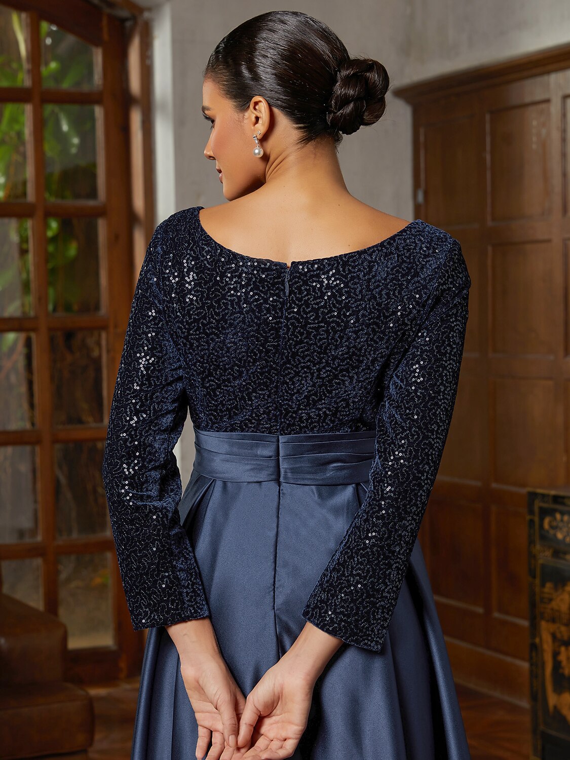 Navy Sequined Velvet Midi Dress