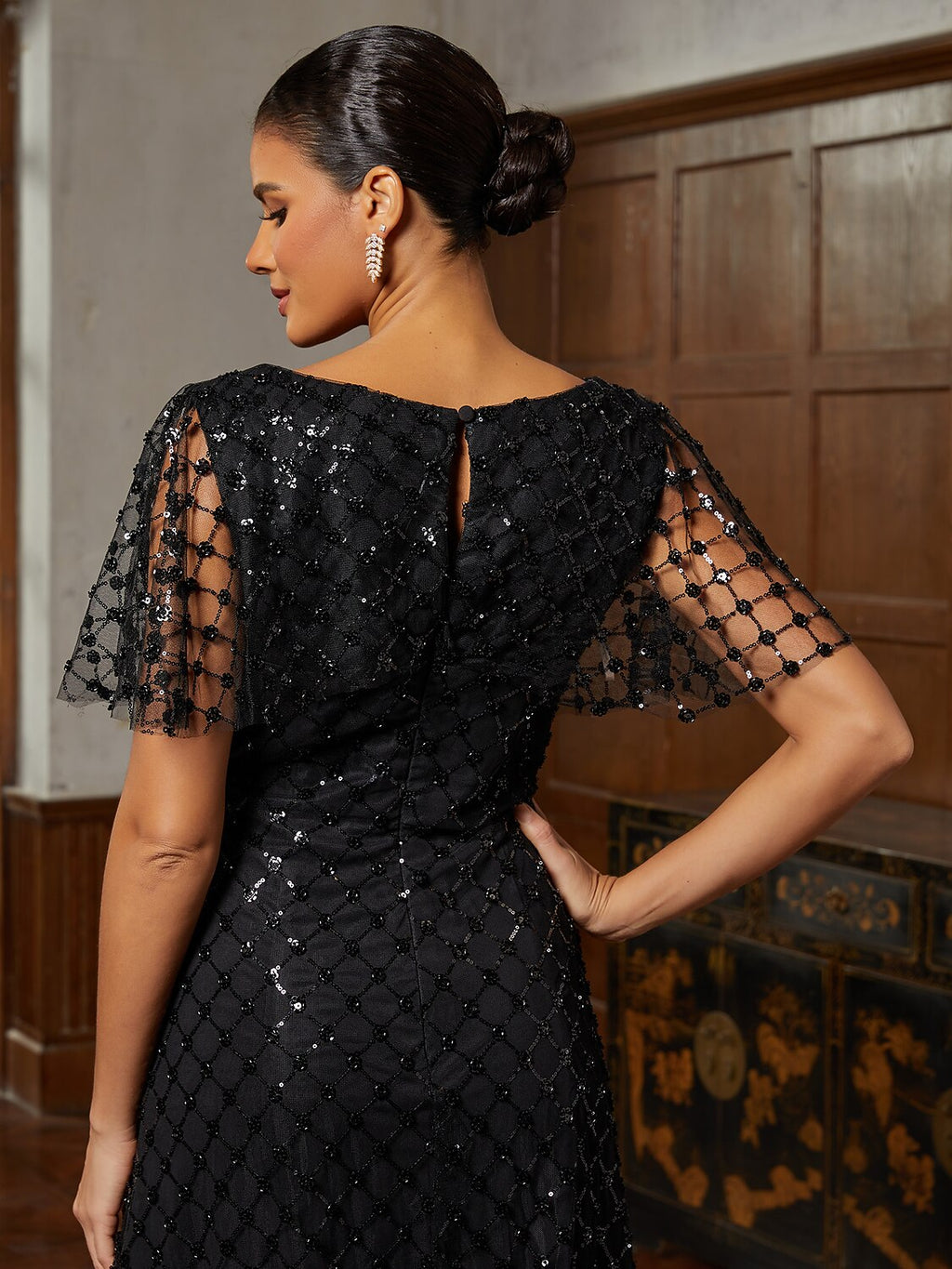 Black Glitter Charmeuse Midi Dress
