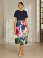 Navy Satin Column Midi Dress