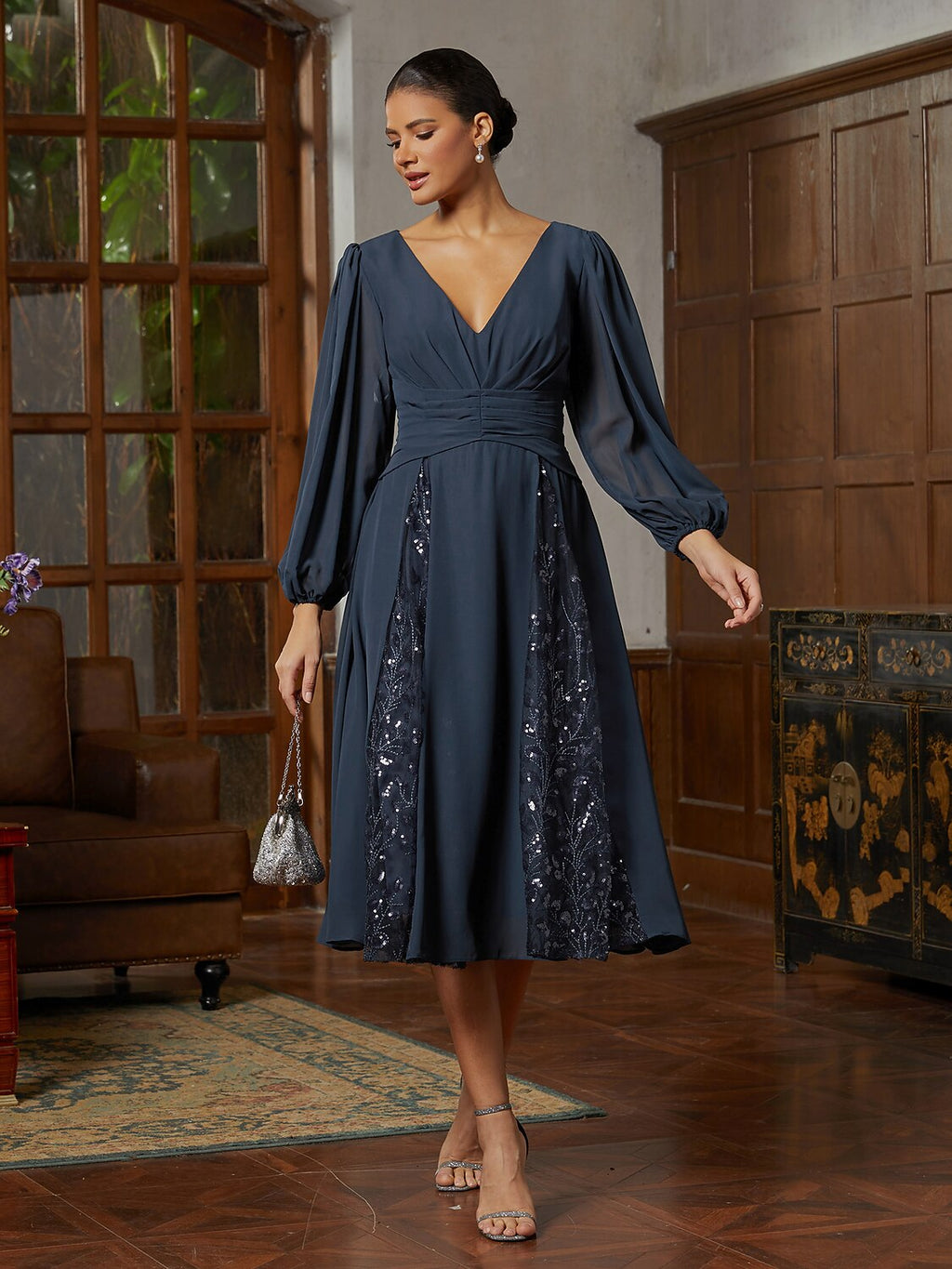 Navy Chiffon Illusion-Sleeve Midi Dress