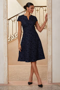 Navy Pleated Jacquard Midi Dress