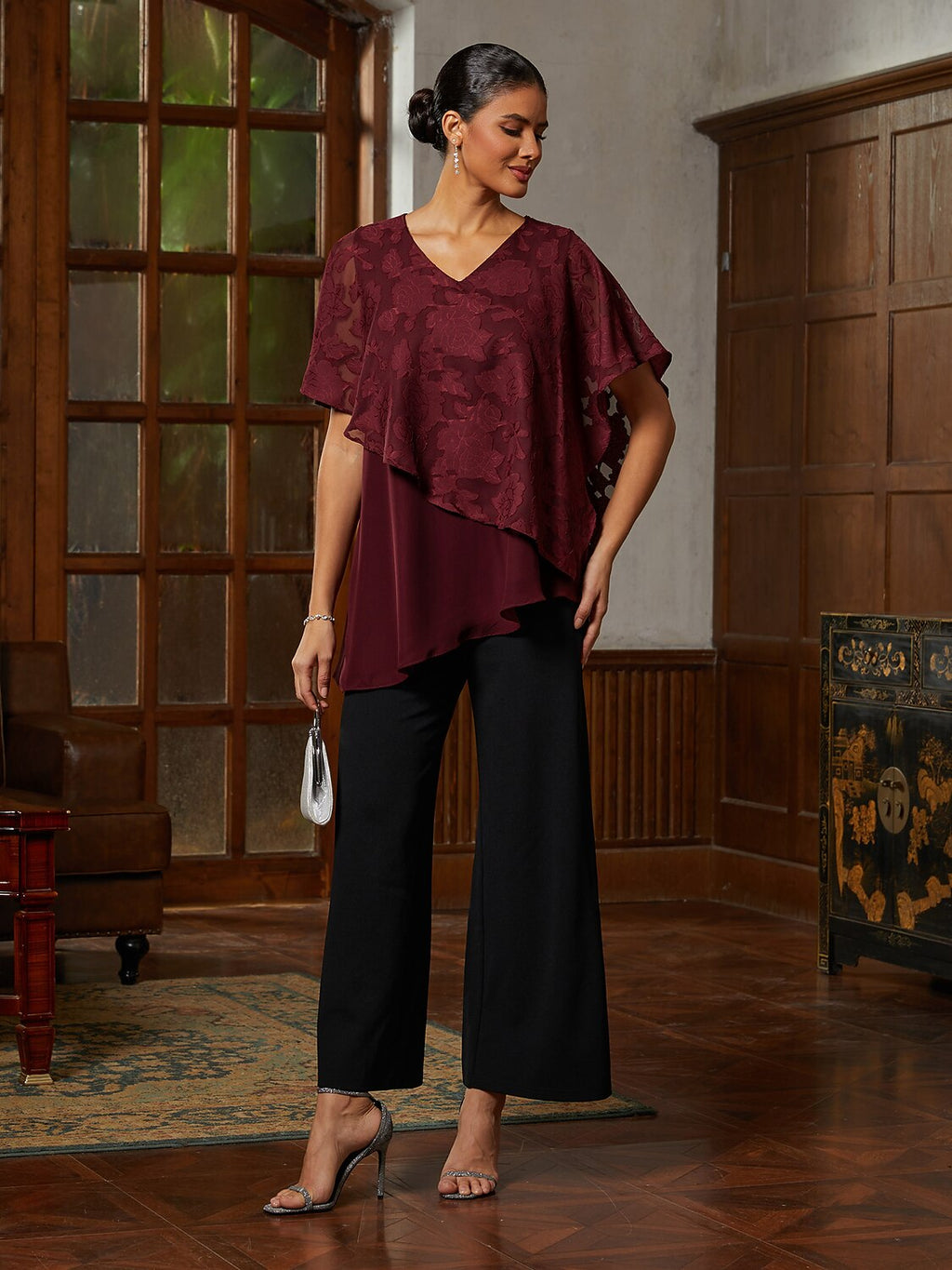 Burgundy Ruffle Chiffon Asymmetrical Blouse