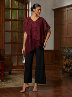 Burgundy Ruffle Chiffon Asymmetrical Blouse