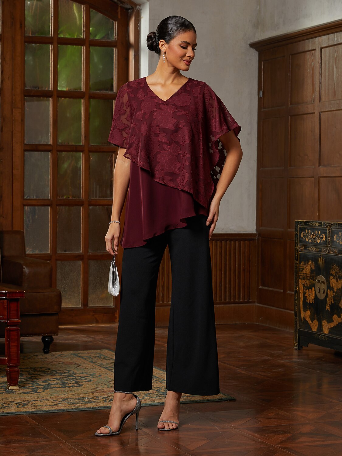 Burgundy Ruffle Chiffon Asymmetrical Blouse